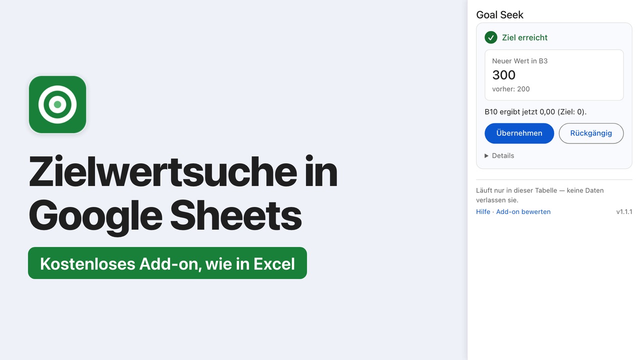 Vorschaubild des Videos: Zielwertsuche in Google Sheets mit der Seitenleiste von Goal Seek – Fast & Private